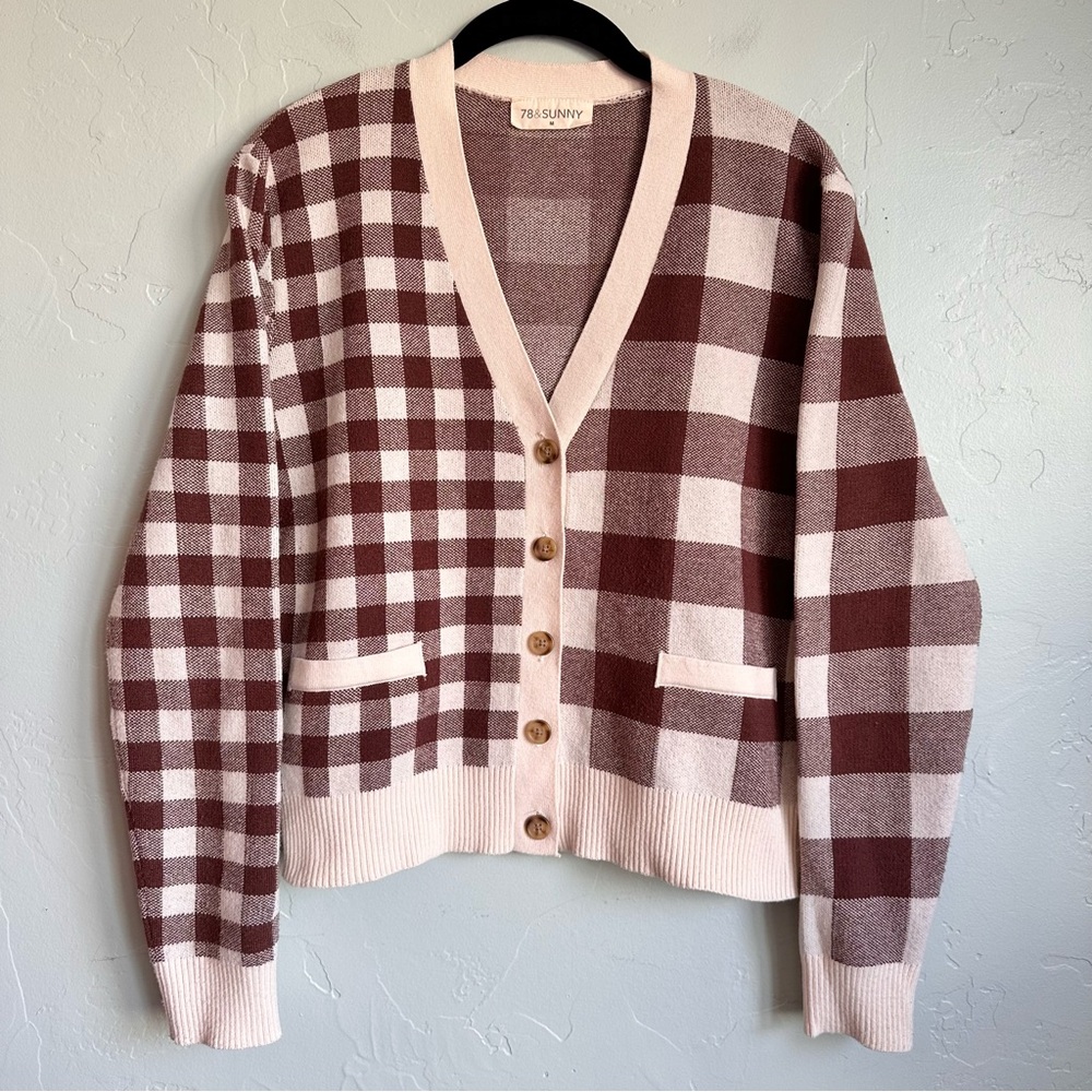 78 & Sunny Alumni Double‎ Plaid Cardigan Medium Cream Cocoa EUC Cottage Preppy - Picture 2 of 8